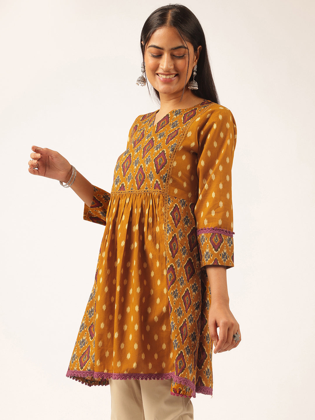 Mustard Ikat Print Flared Cotton Tunic