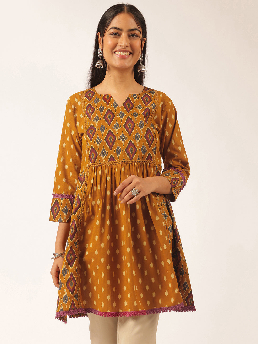 Mustard Ikat Print Flared Cotton Tunic