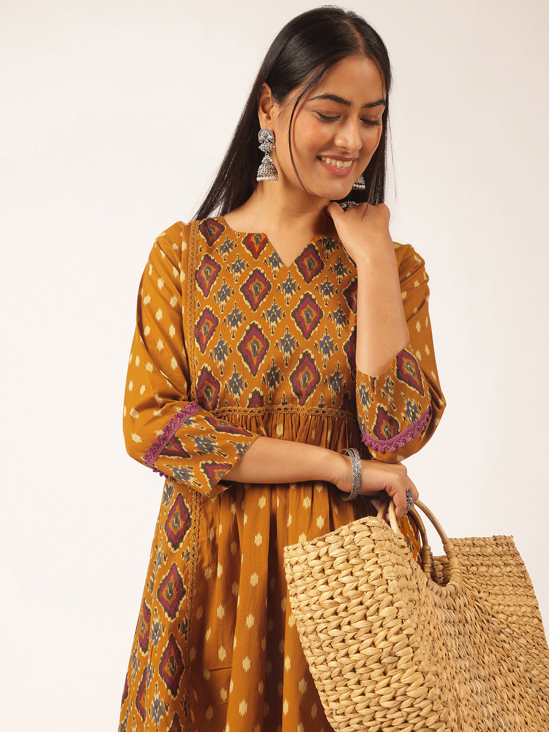 Mustard Ikat Print Flared Cotton Tunic