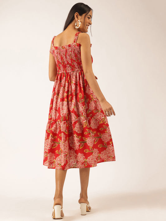 Red Floral Printed Flared Cotton Stitched Dress