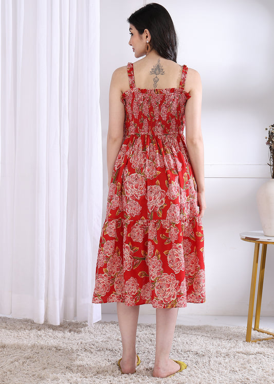 Red Floral Printed Flared Cotton Stitched Dress