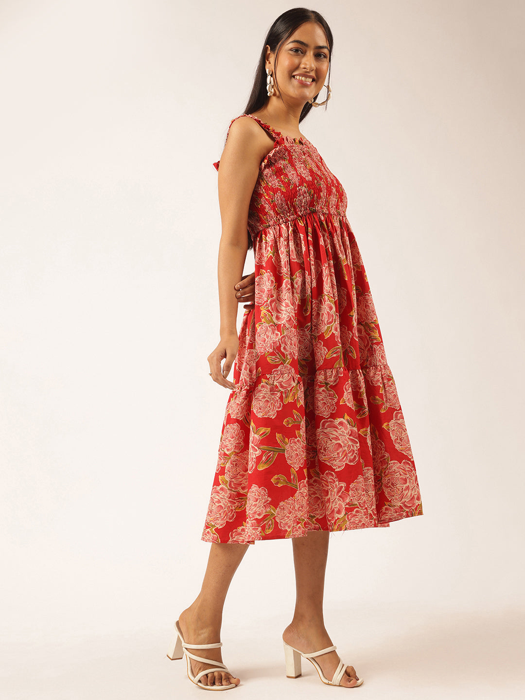 Red Floral Printed Flared Cotton Stitched Dress