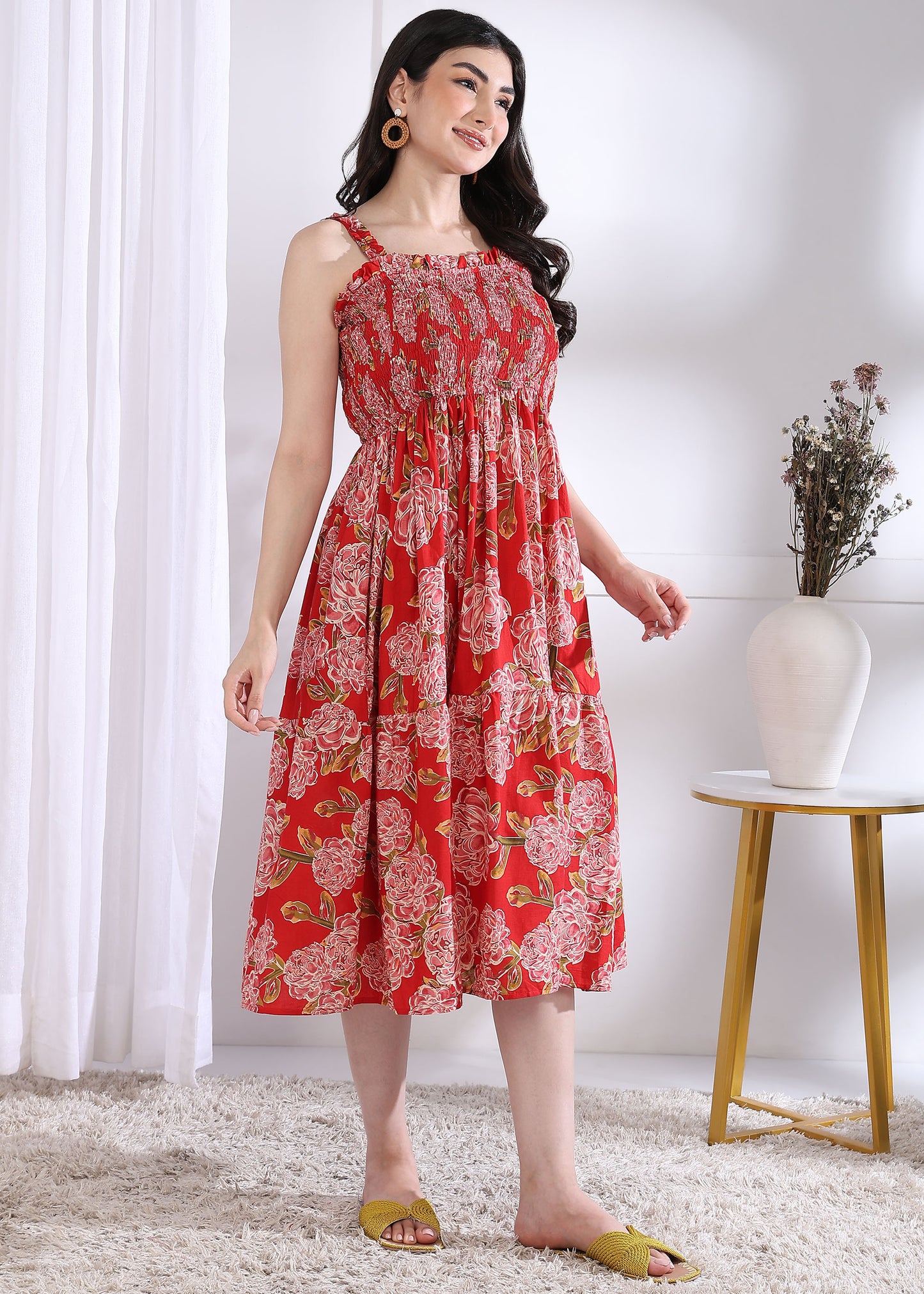Red Floral Printed Flared Cotton Stitched Dress