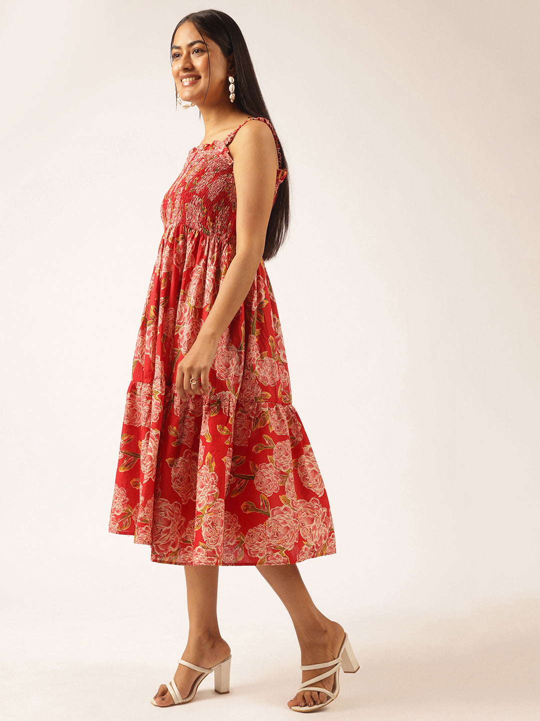 Red Floral Printed Flared Cotton Stitched Dress