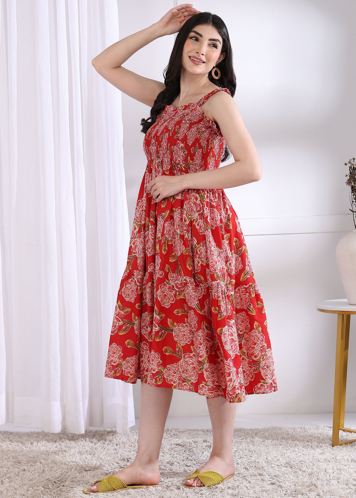 Red Floral Printed Flared Cotton Stitched Dress
