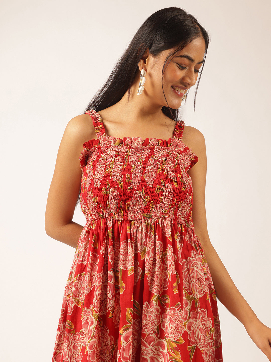 Red Floral Printed Flared Cotton Stitched Dress
