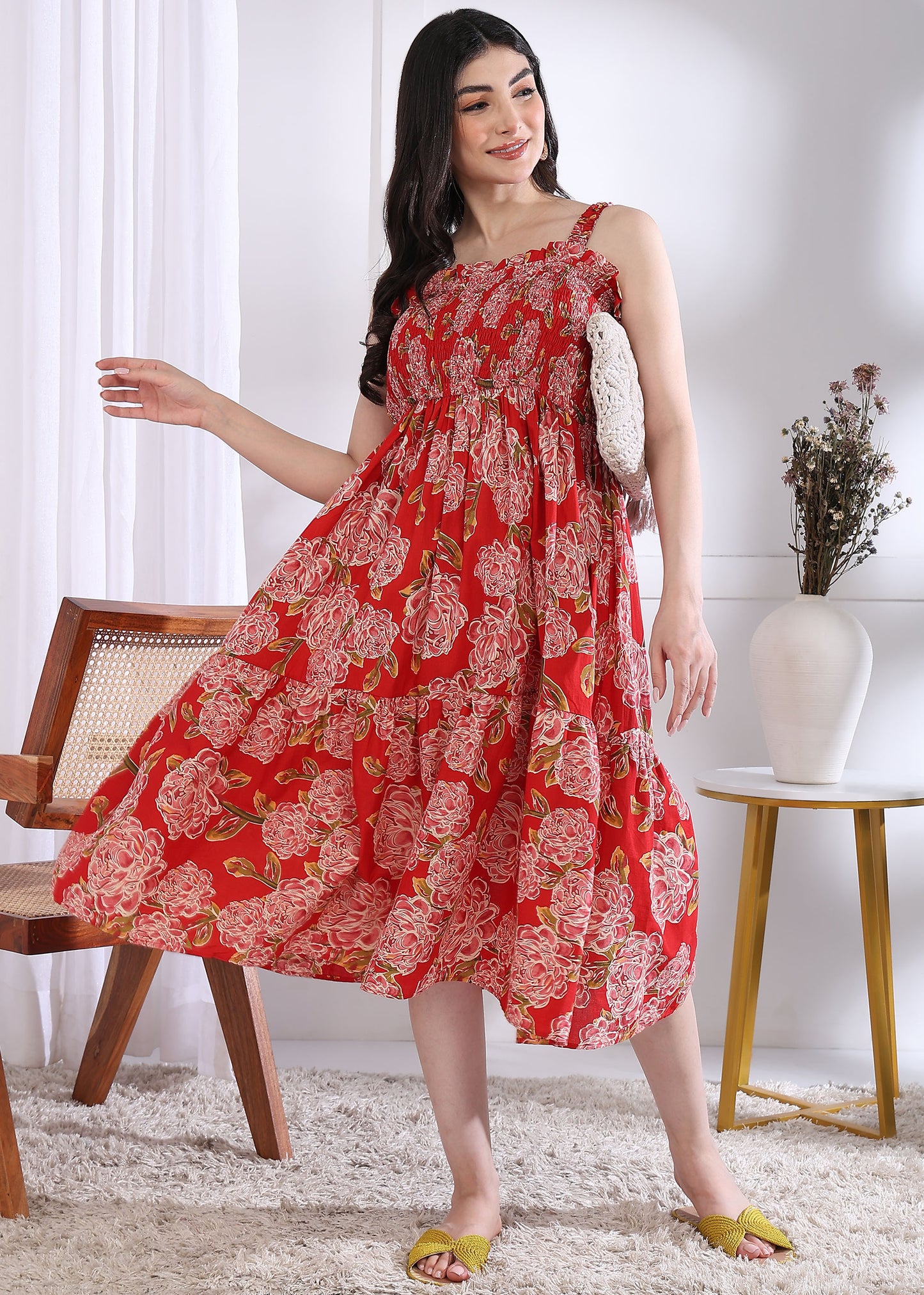 Red Floral Printed Flared Cotton Stitched Dress