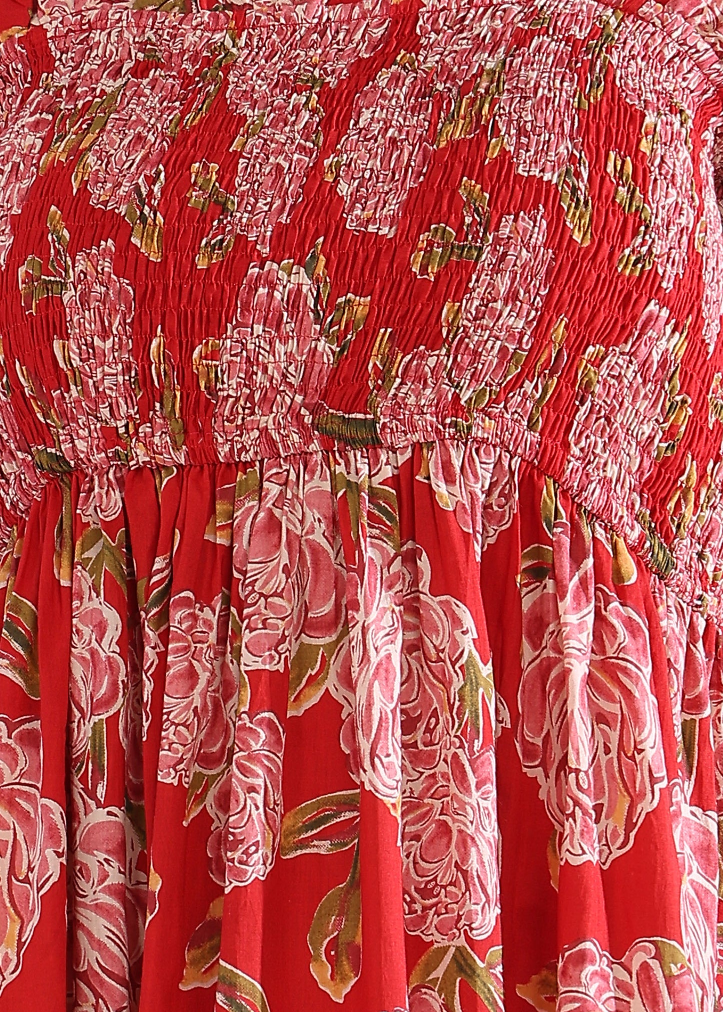 Red Floral Printed Flared Cotton Stitched Dress