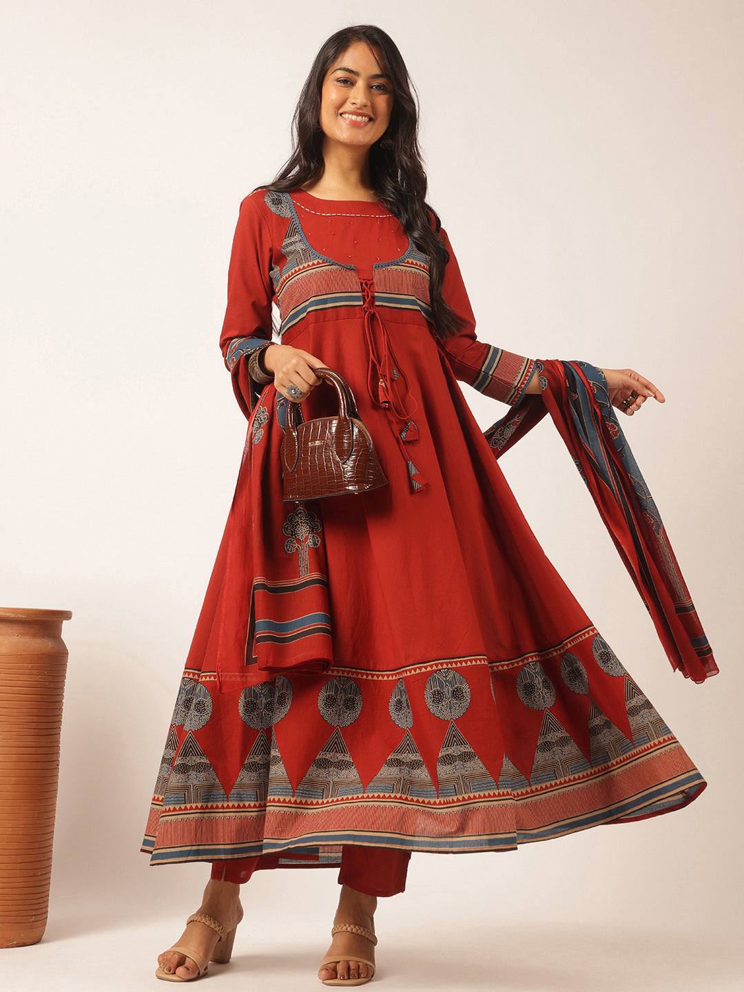 Maroon colour Cotton Geometric Printed Anarkali Kurta Set