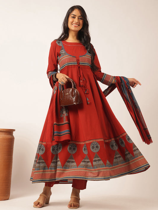 Maroon colour Cotton Geometric Printed Anarkali Kurta Set