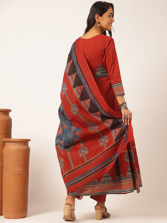 Maroon colour Cotton Geometric Printed Anarkali Kurta Set