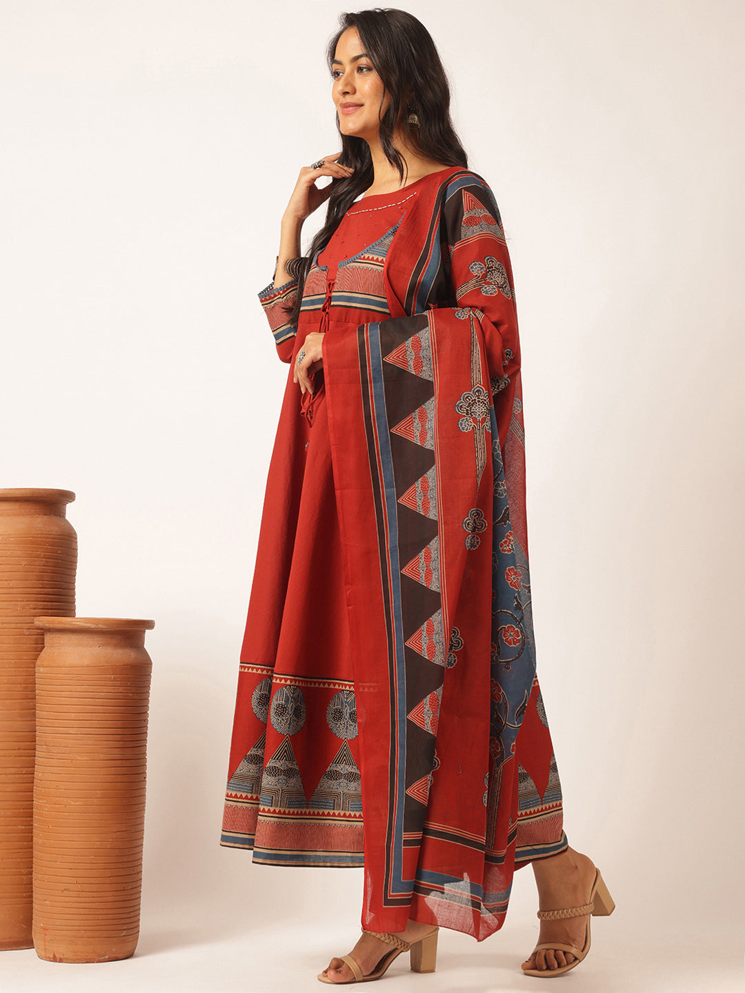 Maroon colour Cotton Geometric Printed Anarkali Kurta Set