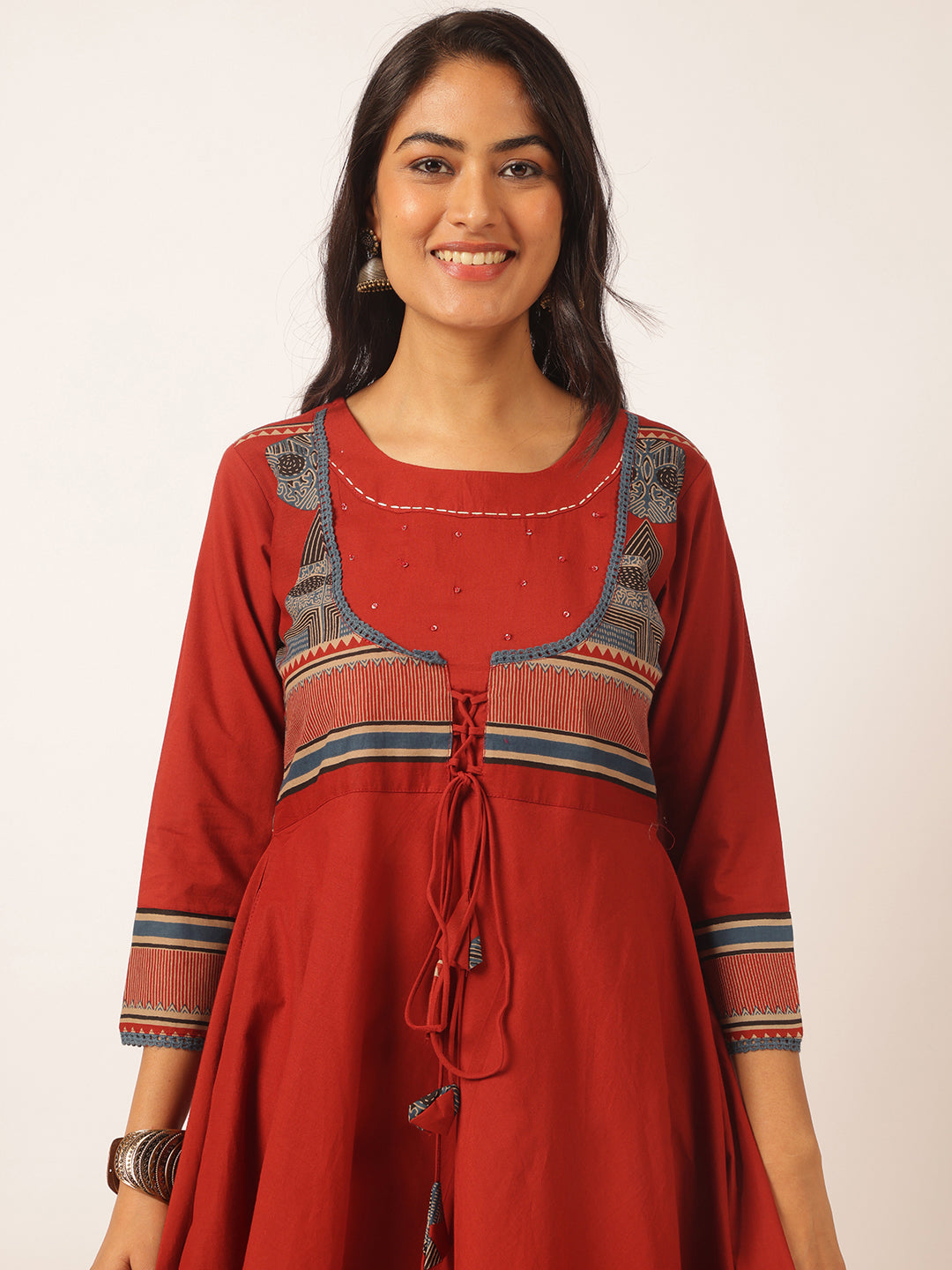 Maroon colour Cotton Geometric Printed Anarkali Kurta Set