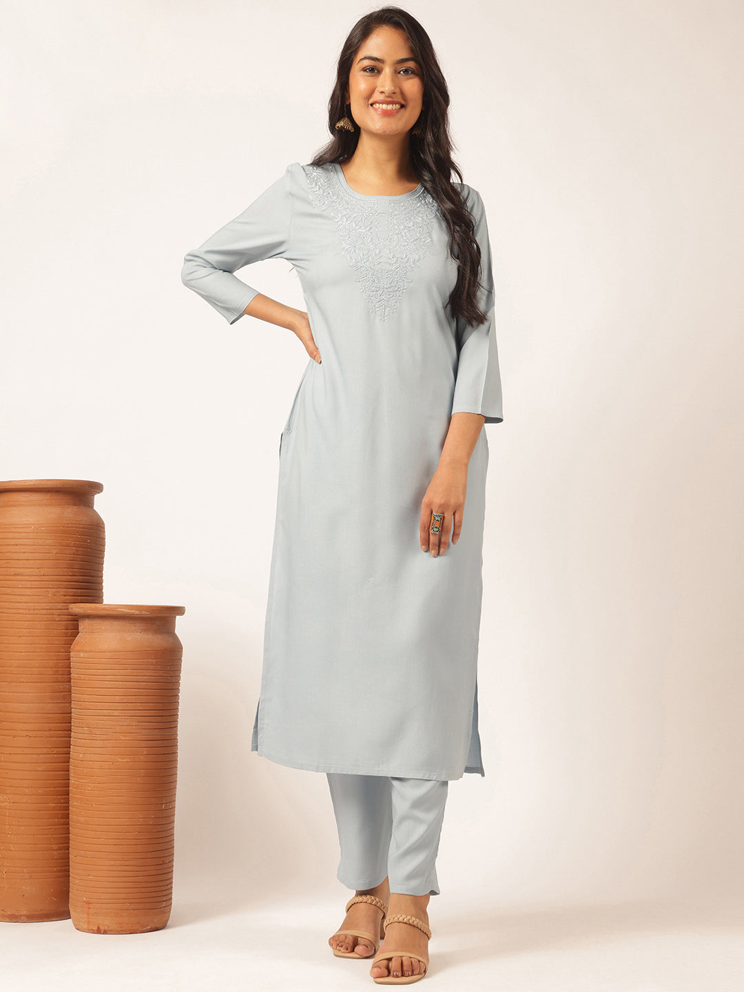 Sky blue Rayon Solid Straight Kurta Set