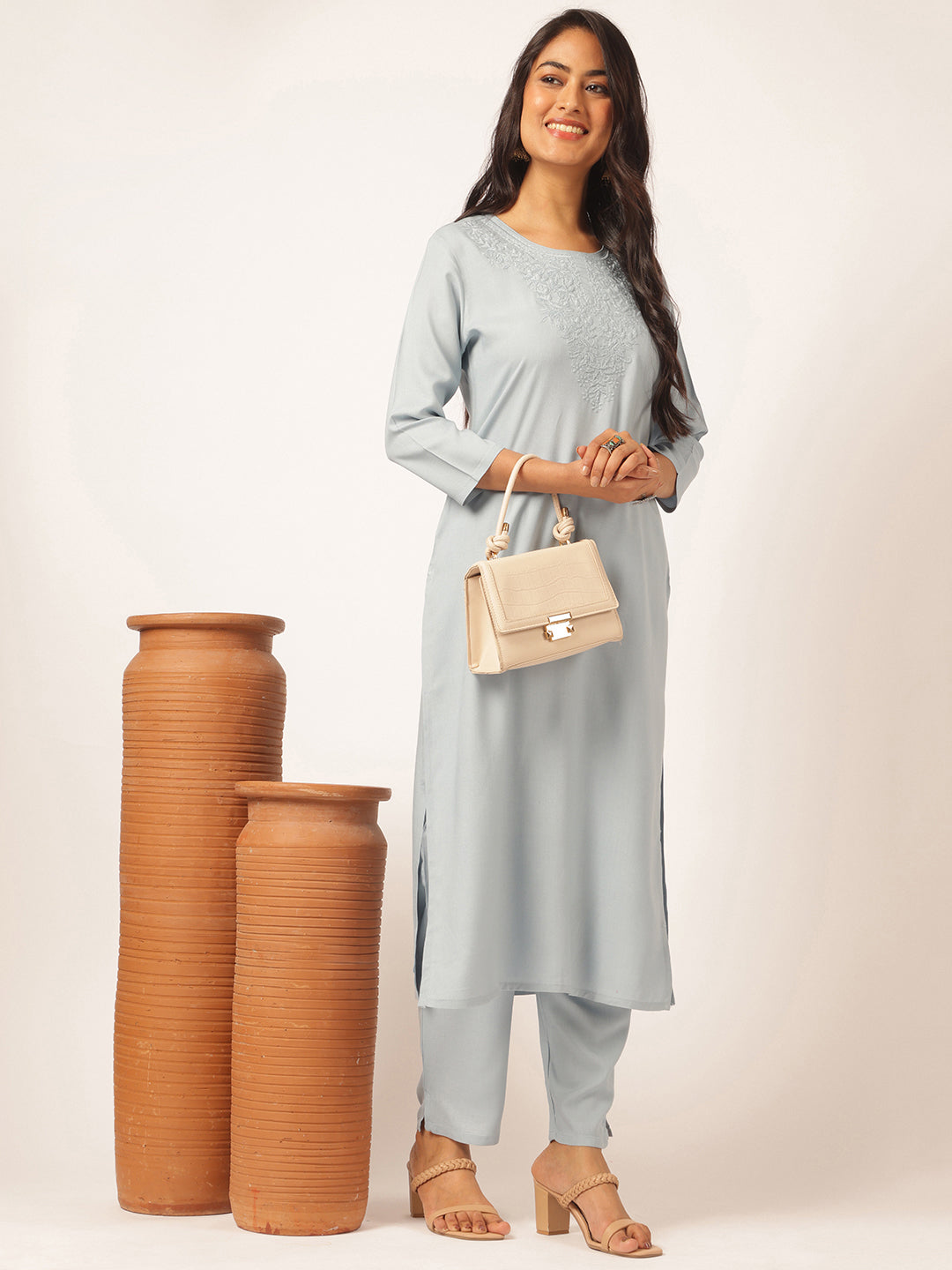 Sky blue Rayon Solid Straight Kurta Set