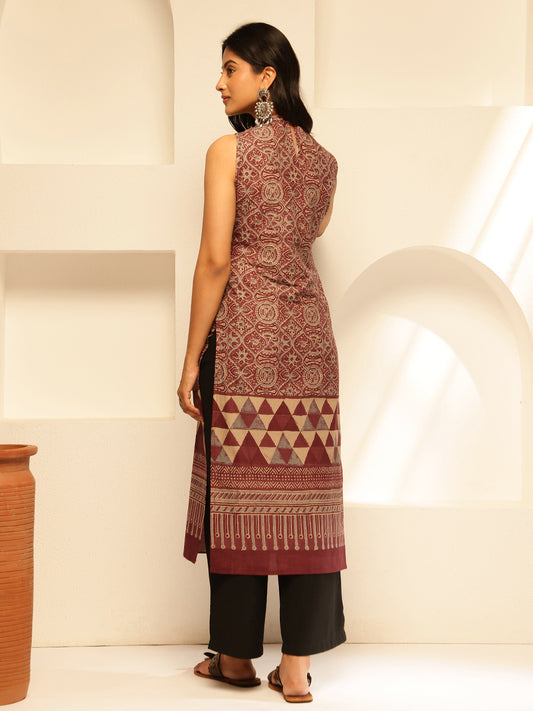 Maroon geometric Printed Straight Cotton Kurta