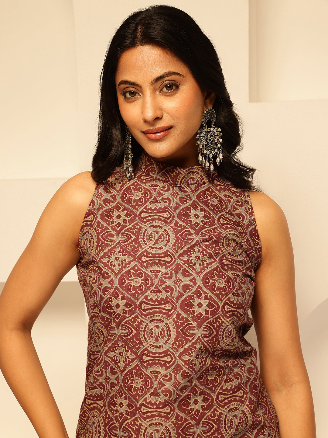 Maroon geometric Printed Straight Cotton Kurta