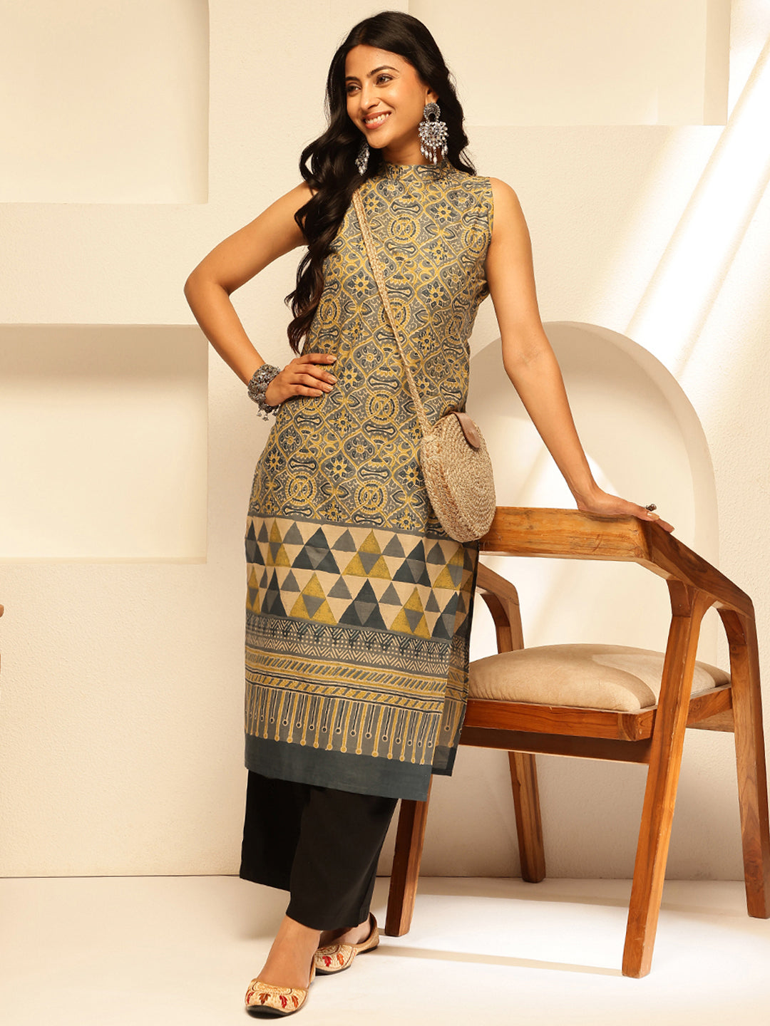 Yellow geometric Printed Straight Cotton Kurta