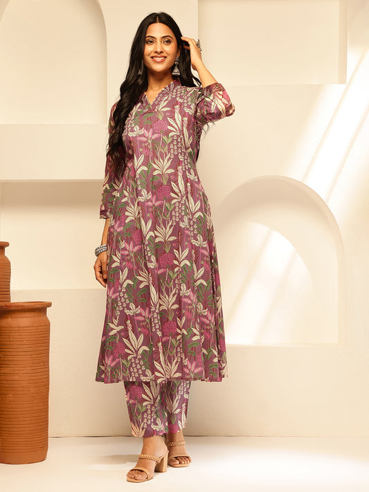 Purple Cotton Floral Print A-Line Kurta Set