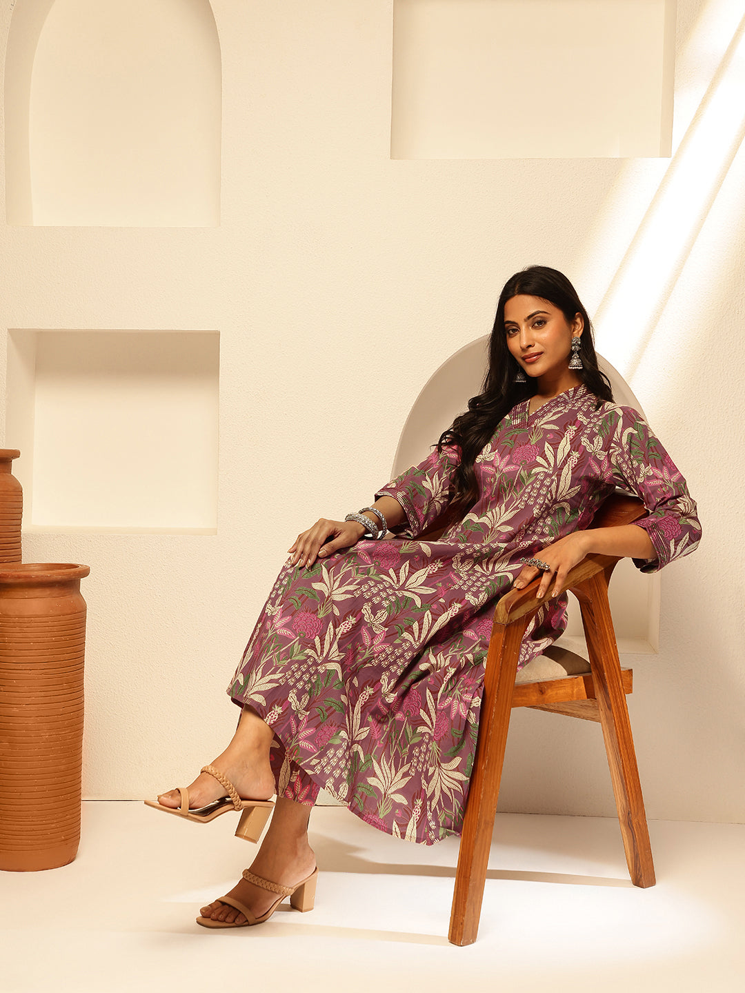 Purple Cotton Floral Print A-Line Kurta Set