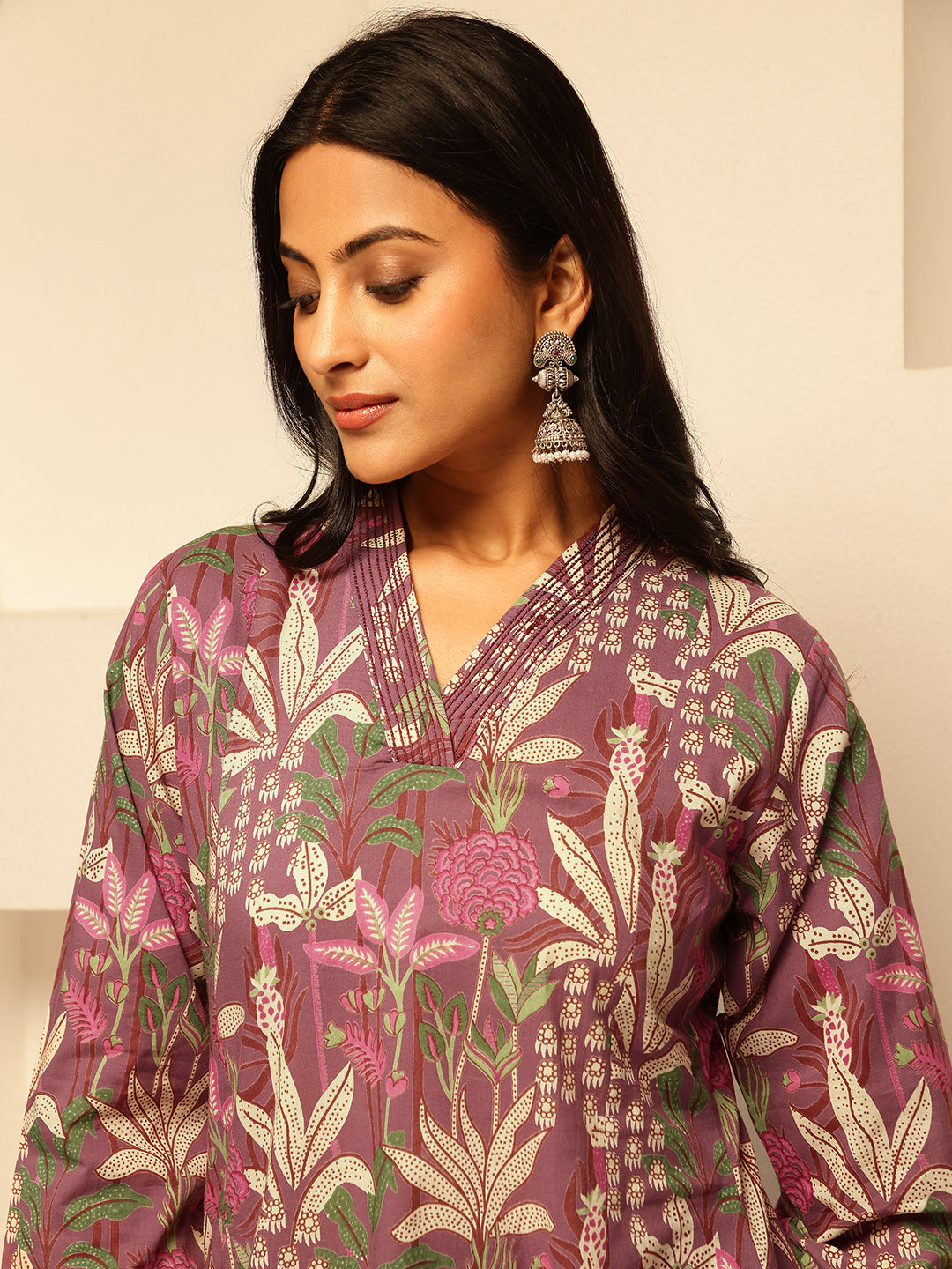 Purple Cotton Floral Print A-Line Kurta Set