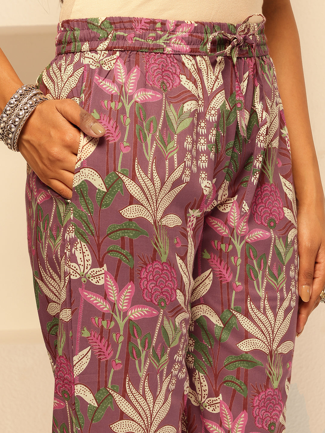 Purple Cotton Floral Print A-Line Kurta Set