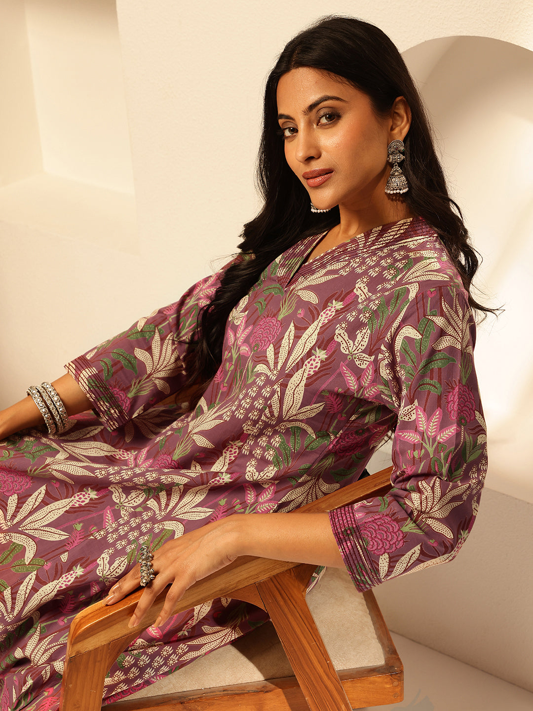 Purple Cotton Floral Print A-Line Kurta Set