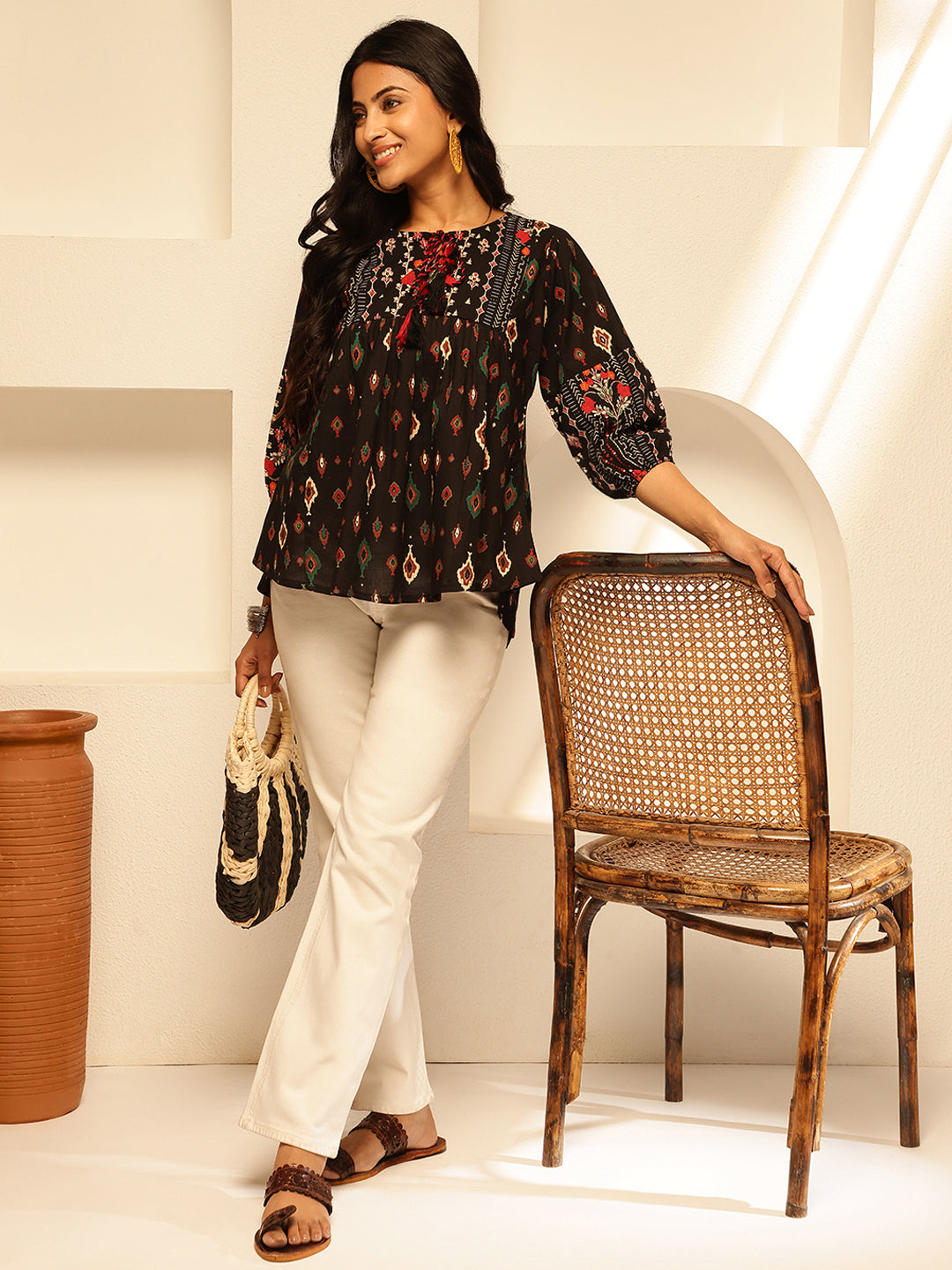 Black Floral Print Fit and Flare Cotton Tunic Top