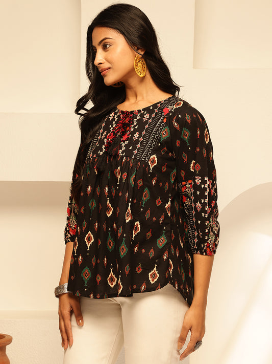 Black Floral Print Fit and Flare Cotton Tunic Top