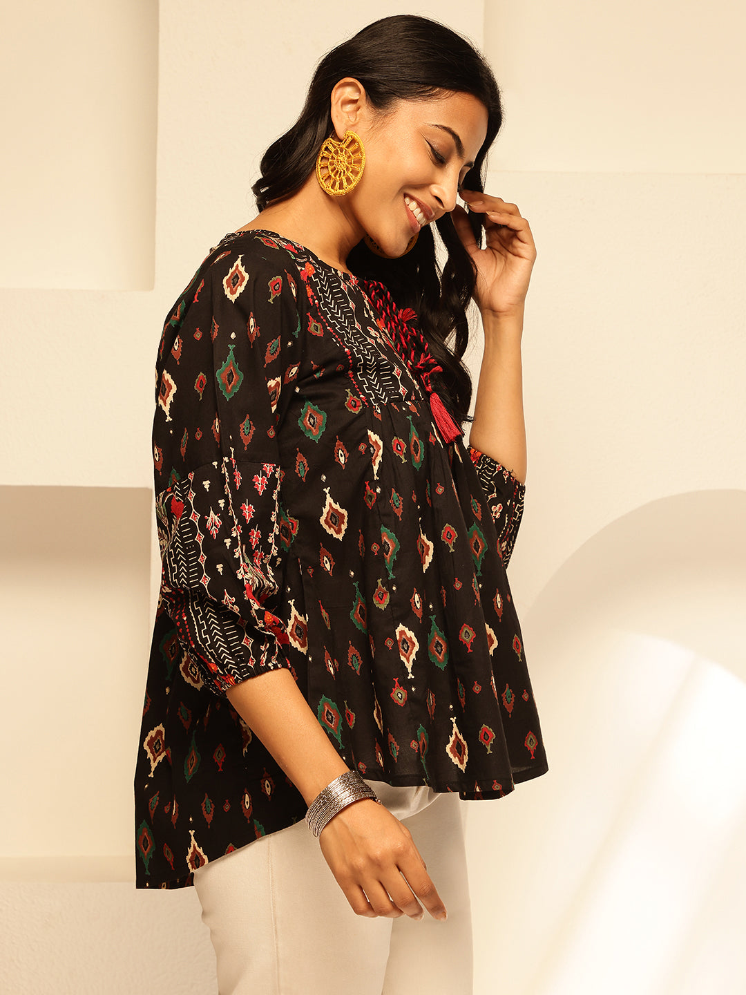 Black Floral Print Fit and Flare Cotton Tunic Top