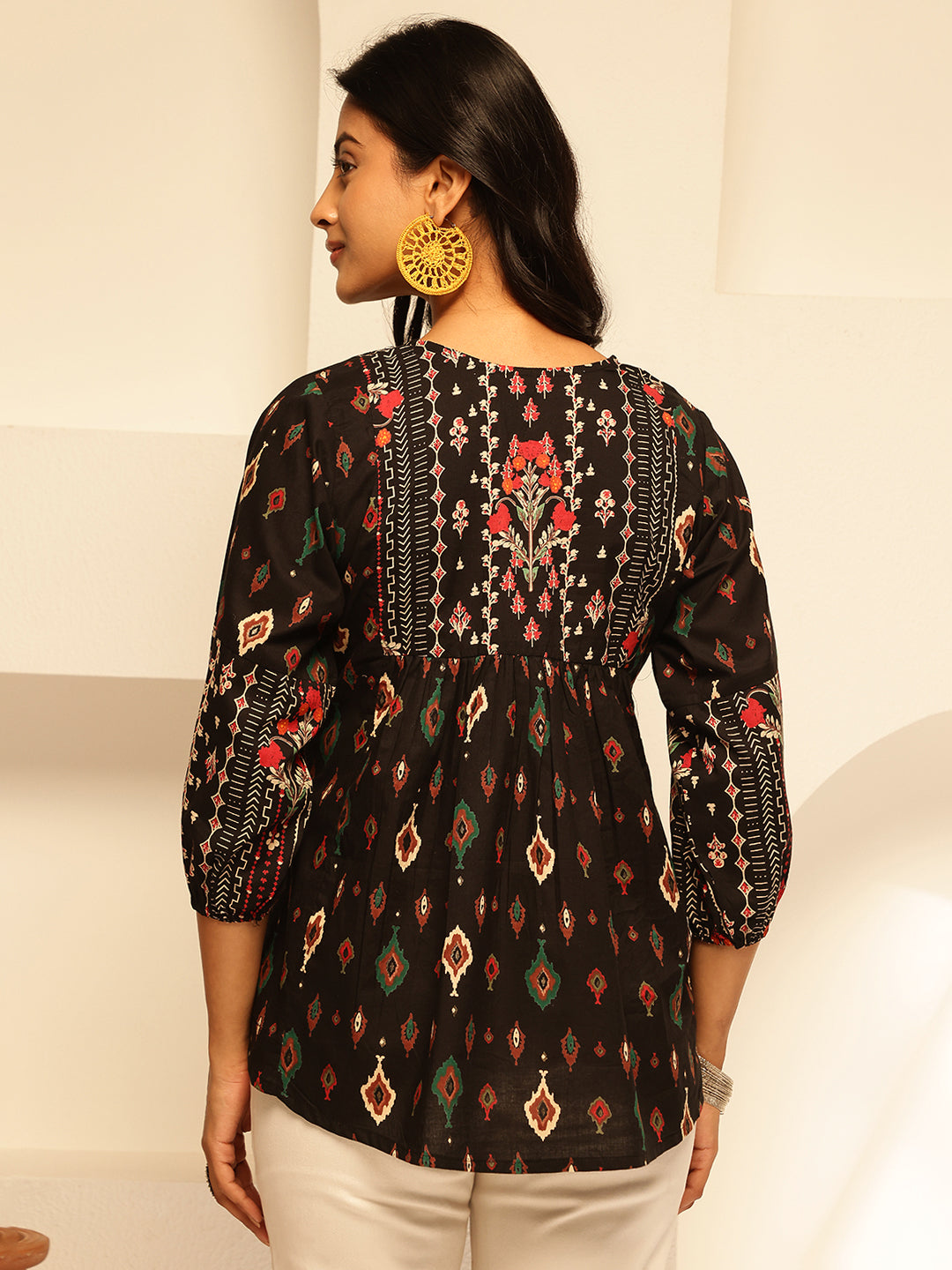 Black Floral Print Fit and Flare Cotton Tunic Top