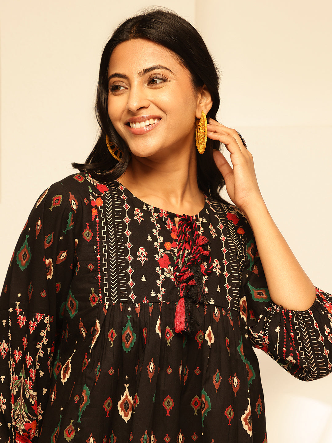 Black Floral Print Fit and Flare Cotton Tunic Top
