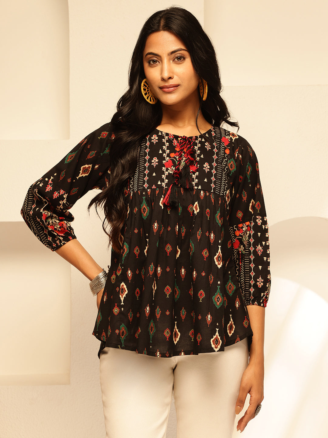 Black Floral Print Fit and Flare Cotton Tunic Top