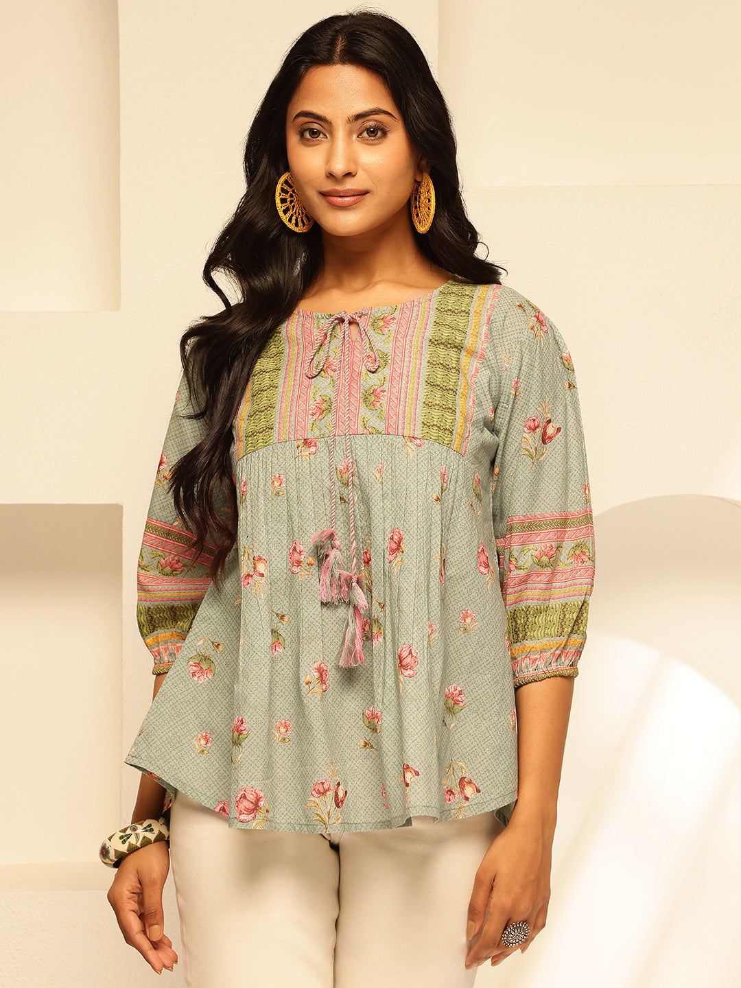 Turquoise Floral Print Fit and Flare Cotton Tunic Top