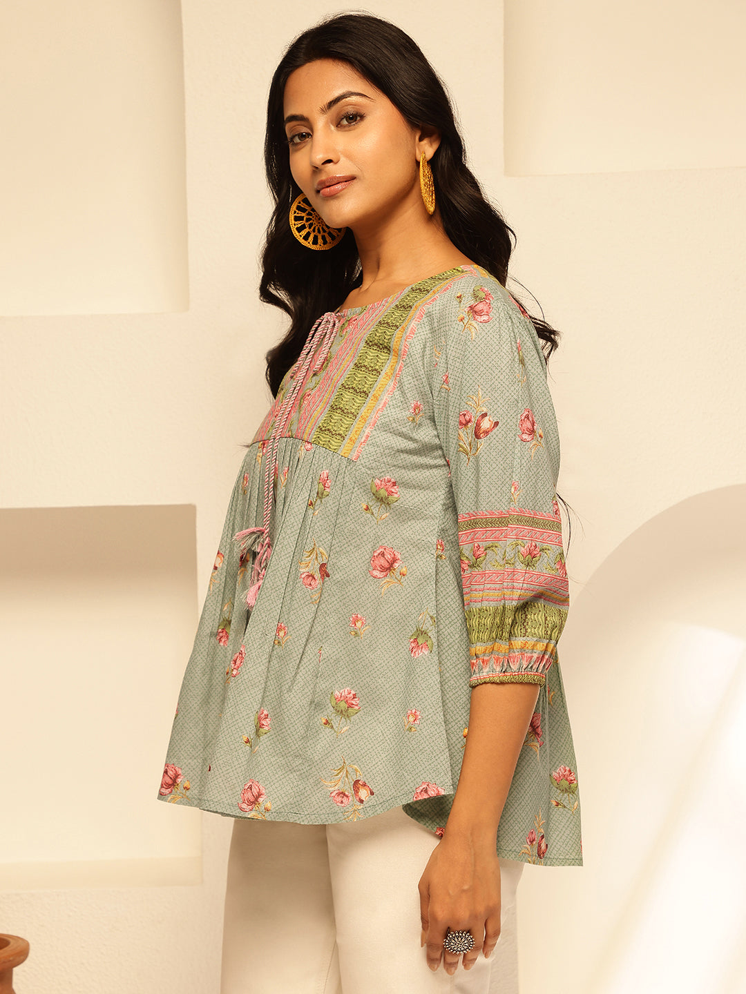 Turquoise Floral Print Fit and Flare Cotton Tunic Top
