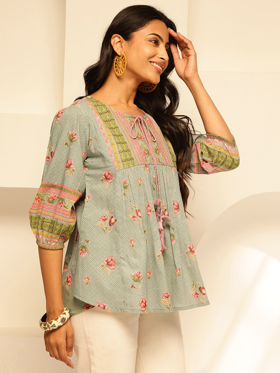 Turquoise Floral Print Fit and Flare Cotton Tunic Top