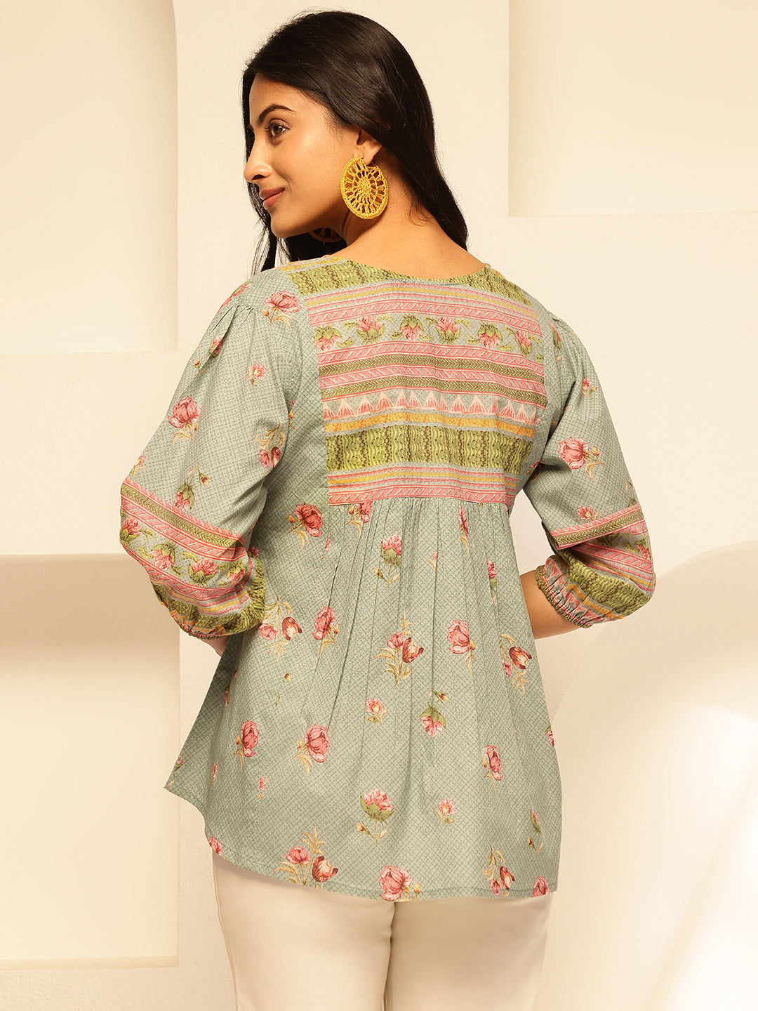 Turquoise Floral Print Fit and Flare Cotton Tunic Top