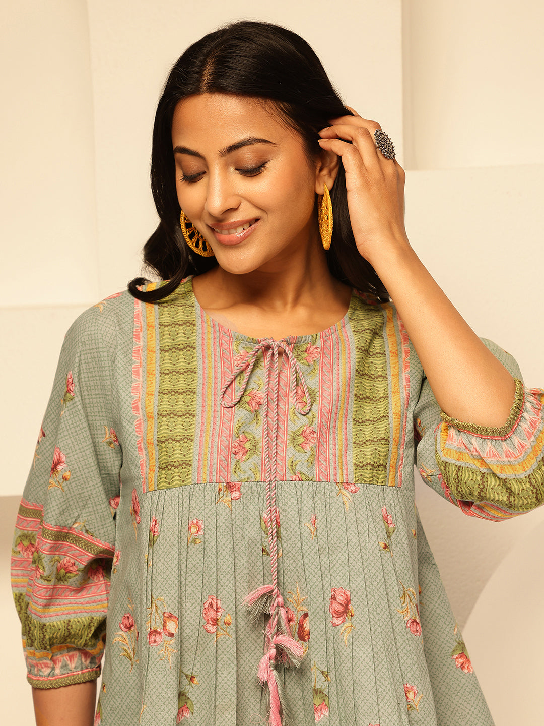 Turquoise Floral Print Fit and Flare Cotton Tunic Top