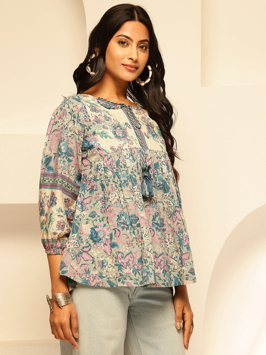 Sky Blue Floral Print Fit and Flare Cotton Tunic Top