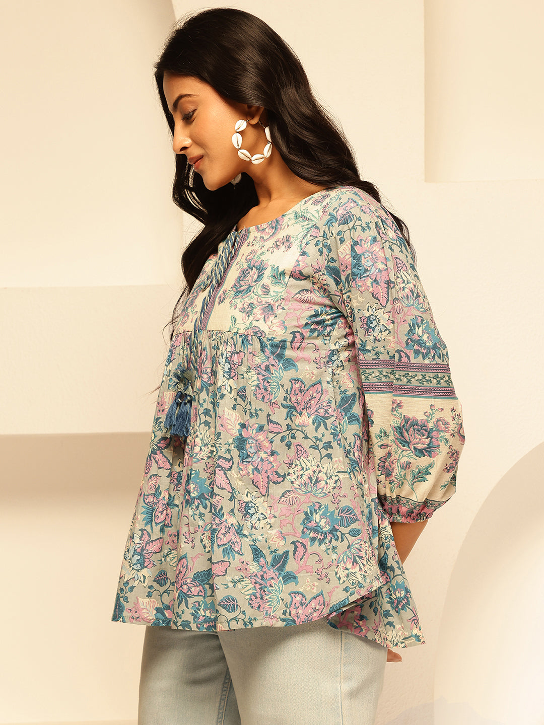Sky Blue Floral Print Fit and Flare Cotton Tunic Top