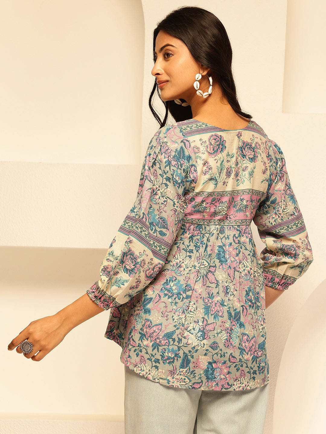 Sky Blue Floral Print Fit and Flare Cotton Tunic Top