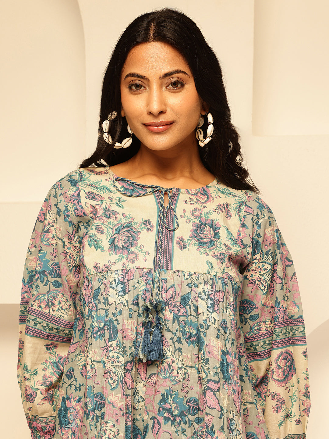 Sky Blue Floral Print Fit and Flare Cotton Tunic Top