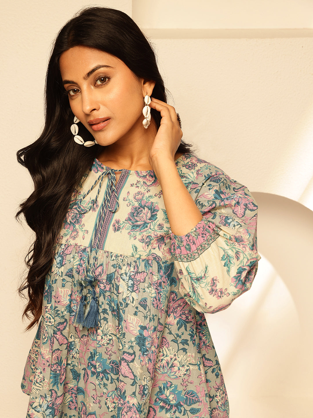 Sky Blue Floral Print Fit and Flare Cotton Tunic Top
