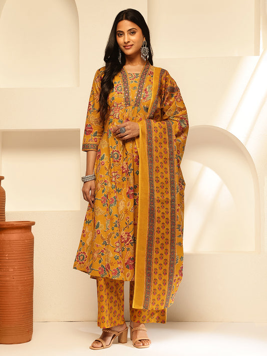 Mustard Cotton Floral Print A-Line Kurta Set