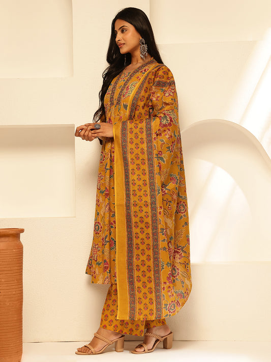 Mustard Cotton Floral Print A-Line Kurta Set