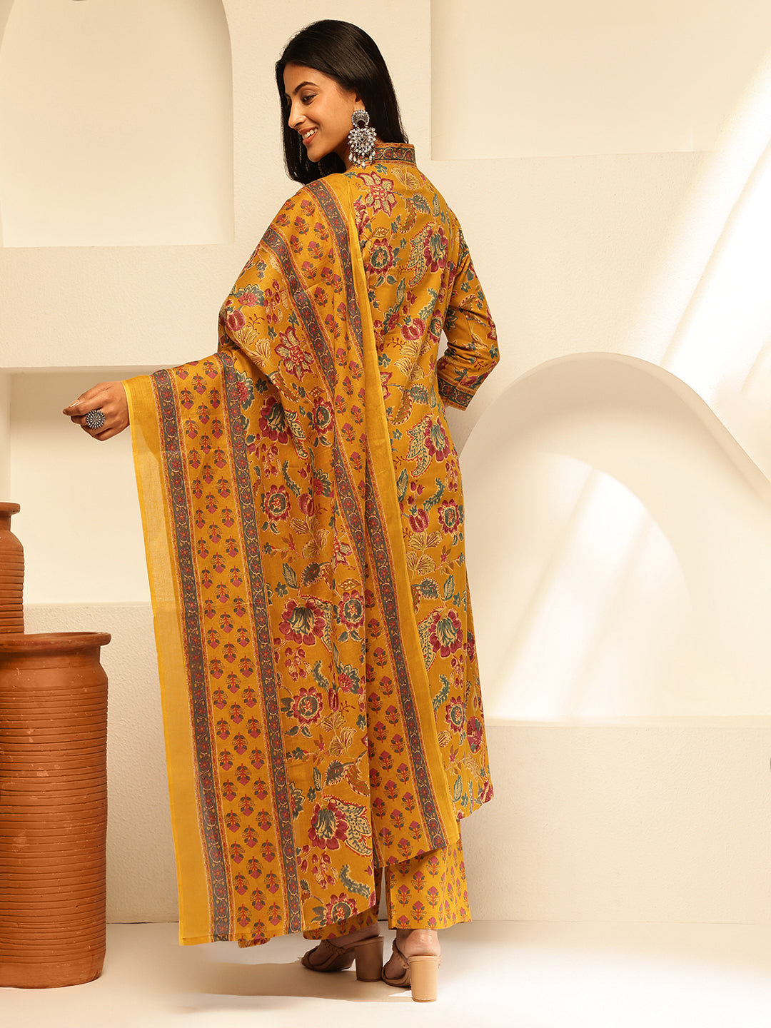 Mustard Cotton Floral Print A-Line Kurta Set