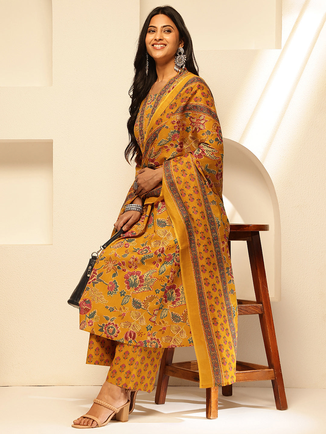 Mustard Cotton Floral Print A-Line Kurta Set
