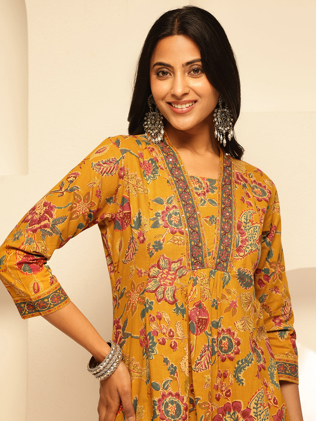 Mustard Cotton Floral Print A-Line Kurta Set