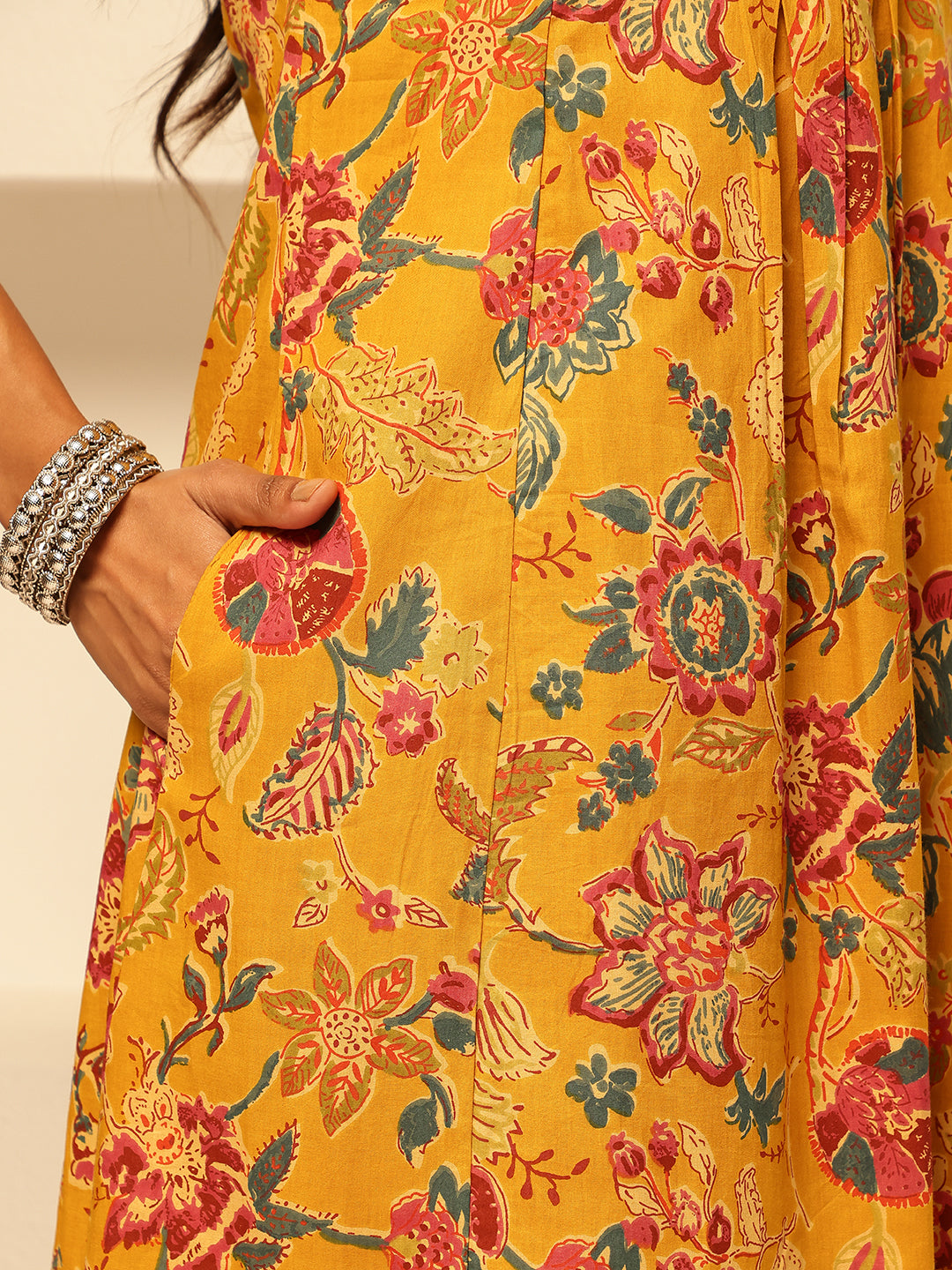 Mustard Cotton Floral Print A-Line Kurta Set