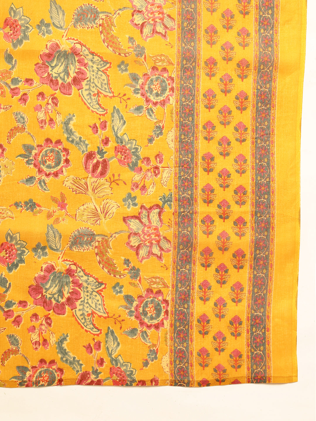 Mustard Cotton Floral Print A-Line Kurta Set